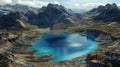 A serene blue lake surrounded by rugged cratered terrain. The contrast between the tranquil water and the harsh cratered