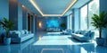 Serene blue lounge modern interior design with light-filled windows and tranquil decor. Generative AI Royalty Free Stock Photo