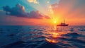 Serene blue ocean, distant ship silhouette at sunset, serene, calm Royalty Free Stock Photo
