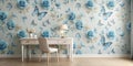 Serene blue rose and butterfly wall mural in a home office setting. Generative AI Royalty Free Stock Photo