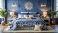 Serene blue and white bedroom decor with intricate bedding and accent pieces. Generative AI Royalty Free Stock Photo