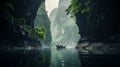 Serene Boat Journey Through Ancient Chinese-inspired Karst Landscape