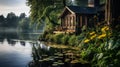 A serene boathouse nestled at the lake\'s edge amidst verdant