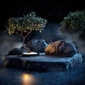 A serene bonsai tree illuminated on a dark misty stone platform surrounded by large rocks creating a tranquil atmosphere Royalty Free Stock Photo