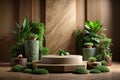 Serene botanical display with elevated stone platform and lush greenery. Generative AI Royalty Free Stock Photo