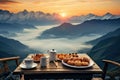 Serene Breakfast mountains winter. Generate Ai Royalty Free Stock Photo