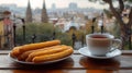 Cozy morning with fresh churros and tea overlooking the cityscape. enjoy a warm breakfast with a view. AI