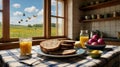 Rustic Kitchen Table Breakfast Scene with Butterflies and Sunny View Royalty Free Stock Photo