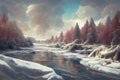A serene and breathtaking winter scene depicting a frozen river and forest, showcasing the stillness and tranquility of Royalty Free Stock Photo