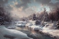 A serene and breathtaking winter scene depicting a frozen river and forest, showcasing the stillness and tranquility of the winter Royalty Free Stock Photo