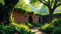 Serene brick courtyard garden pathway with lush greenery and sunlight dappling through leaves. Generative AI Royalty Free Stock Photo