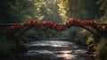 Romantic Wooden Bridge Adorned with Red Roses Over a River Royalty Free Stock Photo