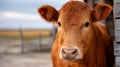 Serene Brown Red Devon Cow in Rustic Barn Setting, Soft Light Illuminating Verdant Pasture Landscape Royalty Free Stock Photo