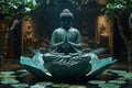 Serene Buddha figure with leaf backdrop in tranquil forest setting Royalty Free Stock Photo