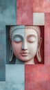 A serene Buddha head sculpture against a colorful backdrop Royalty Free Stock Photo