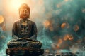 Serene Buddha statue meditating with a soft smoke, mystical orange and teal bokeh background Royalty Free Stock Photo