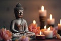 Serene Buddha Statue in Meditation with Lotus Flower and Burning Candles, Seeking Enlightenment and Inner Peace Concept Image, Royalty Free Stock Photo