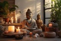 A serene Buddha statue sits peacefully on top of a rustic wooden table, A peaceful home meditation studio with candles and buddha Royalty Free Stock Photo