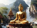 Serene Buddha statues, nestled amidst the breathtaking mountains and surrounded by the soothing sound of cascading waterfalls,