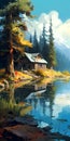 Serene Cabin By The Lake - Digital Painting In High-resolution Royalty Free Stock Photo