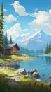 Serene Cabin By The Lake: A Digital Painting With Whistlerian Charm