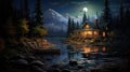 serene cabin on the lake night