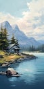 Serene Cabin On The Shore: Digital Painting Of A Tranquil Wetland