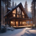 A serene cabin in a snowy forest with a warm, inviting glow2