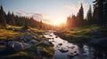 Stunning Wilderness Landscape Majestic Mountains, Serene Stream, And Vibrant Skies