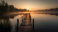 A serene and calm sunrise over a quiet lake created with Generative AI