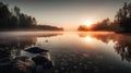 A serene and calm sunrise over a quiet lake created with Generative AI