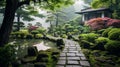 Serene And Calming Japanese Garden In Misty Landscape Royalty Free Stock Photo