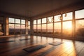 Serene and calming yoga room with bamboo floors, natural mats. Generative AI.