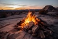 Serene Campfire Amidst Vast Rocky Desert Landscape At Golden Hour By Sunset - Generative AI