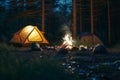 serene campfire glow in peaceful nighttime woods, tent, Generative AI