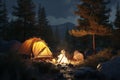 serene campfire glow in peaceful nighttime woods, tent, Generative AI