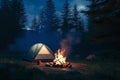 serene campfire glow in peaceful nighttime woods, tent, Generative AI