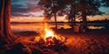 Serene Camping Cozy Campfire by the Lake at Sunset. Generative AI
