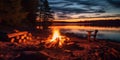 Serene Camping Cozy Campfire by the Lake at Sunset. Generative AI