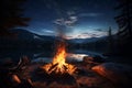 Serene camping scene at night, where a warm and inviting campfire flickers under a sky filled with countless twinkling stars. Ai