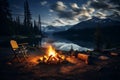 Serene camping scene at night, where a warm and inviting campfire flickers under a sky filled with countless twinkling stars. Ai