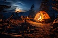 Serene camping scene at night, where a warm and inviting campfire flickers under a sky filled with countless twinkling stars. Ai