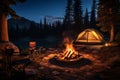 Serene camping scene at night, where a warm and inviting campfire flickers under a sky filled with countless twinkling stars. Ai