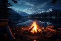 Serene camping scene at night, where a warm and inviting campfire flickers under a sky filled with countless twinkling stars. Ai