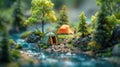 Miniature Family Camping by the River: A Charming Scene Royalty Free Stock Photo