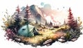 serene camping trip in the mountains with watercolor-like textures and colors. Generative AI