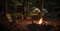 A serene campsite with a campfire and camping chairs offers a peaceful retreat in nature. Generative AI