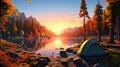 A serene campsite at sunrise with tents photo realistic illustration - Generative AI.