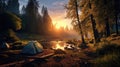 A serene campsite at sunrise with tents photo realistic illustration - Generative AI.