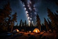 A serene campsite in the woods with a crackling campfire and a starry night sky overhead.
